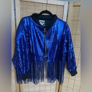 Wild Child Blue Sequin Bomber Jacket with Fringe
